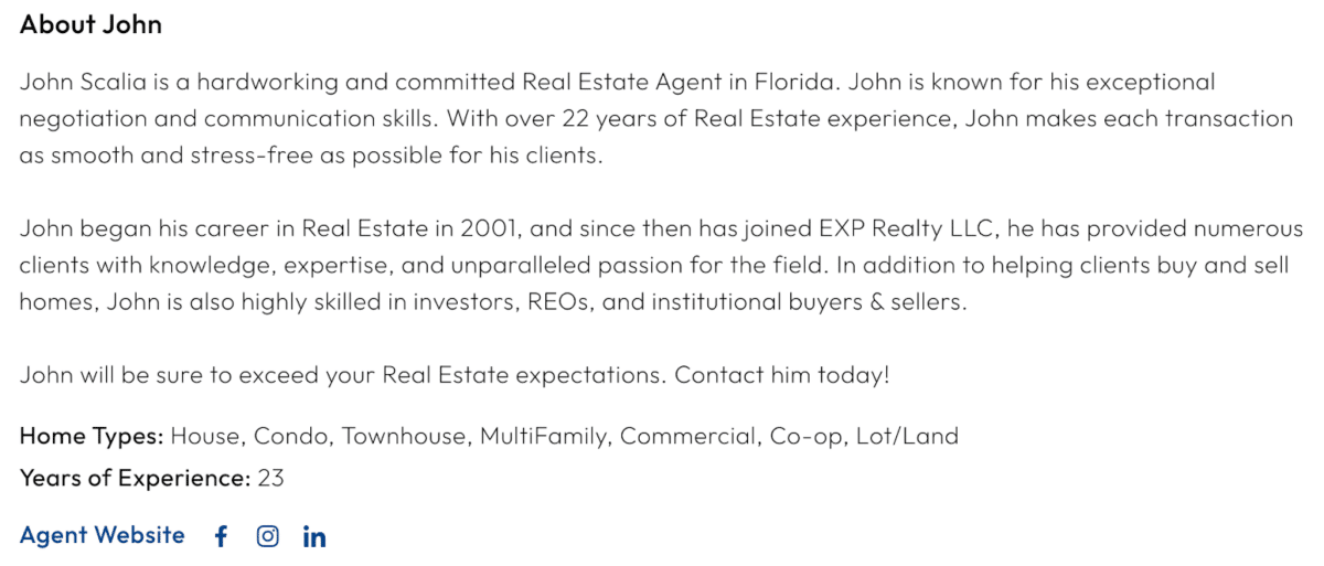 Screenshot of John Scalia's realtor bio