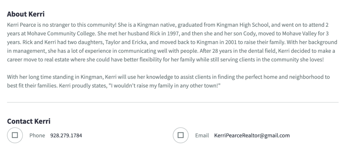 Screenshot of Kerri Pearce's real estate agent bio