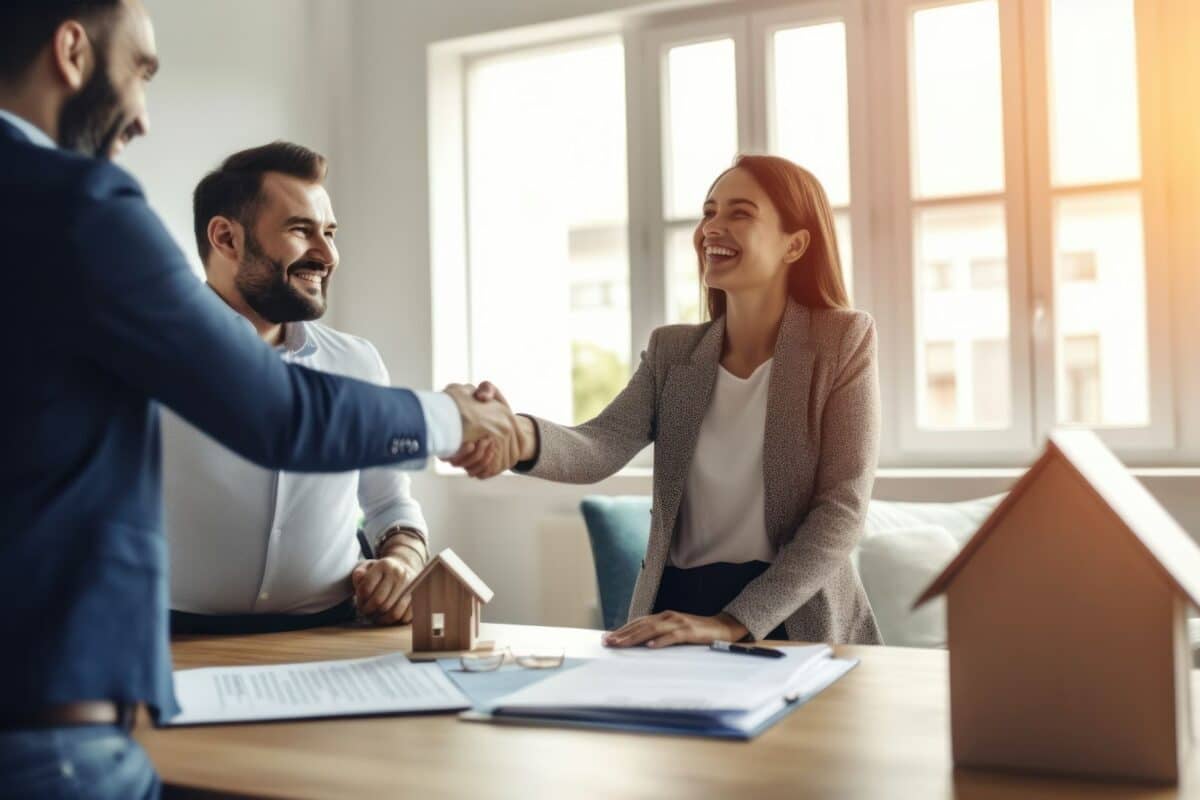 A couple shaking hands with a real estate agent after a transaction