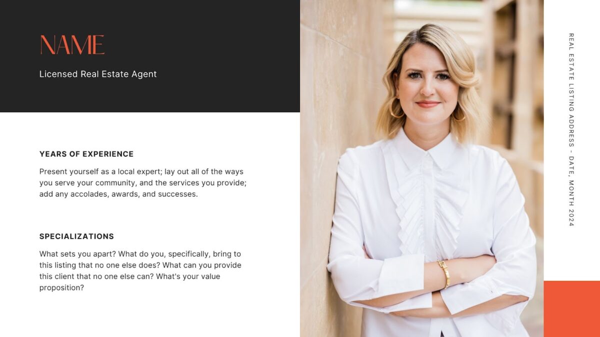 A woman leaning against a wall next to a sample of a real estate agent