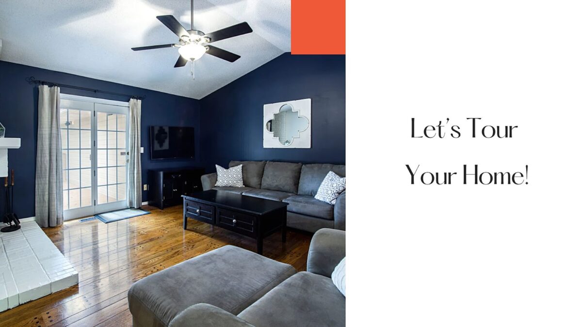 A decorated living room with furniture next to a phrase stating, "Let's Tour Your Home!"