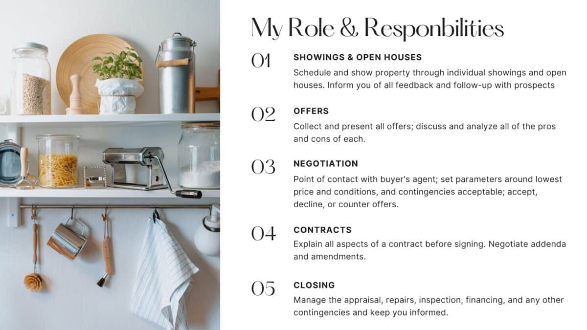 Kitchen accessories on shelves next to examples of a real estate agent's roles and responsibilities.