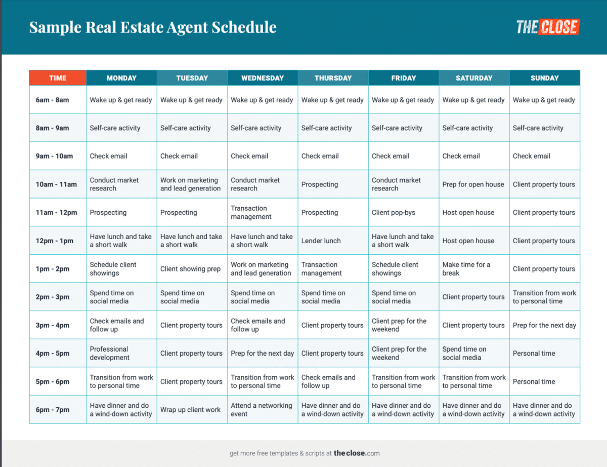 Sample Real Estate Agent Schedule