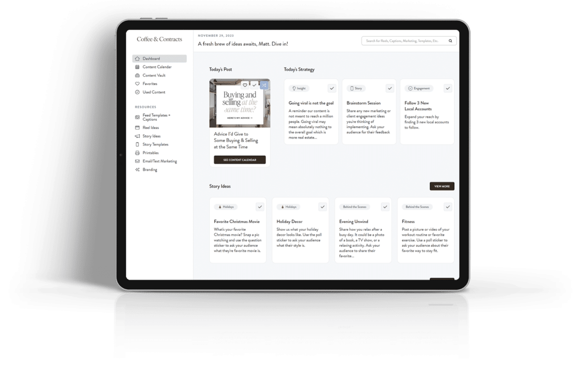 The dashboard for a member of Coffee & Contracts, showing social media post options.