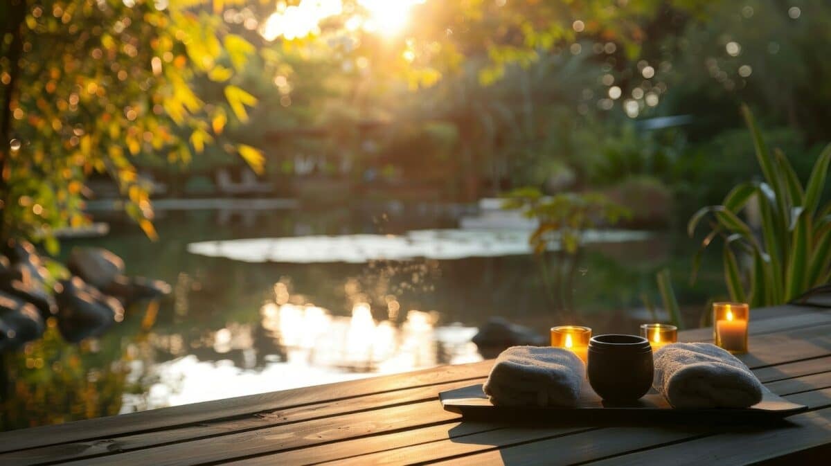 Serene pond with candles and hot towels on the deck