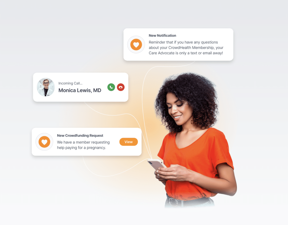 A woman checking her healthcare crowdfunding request with an incoming call from a doctor.