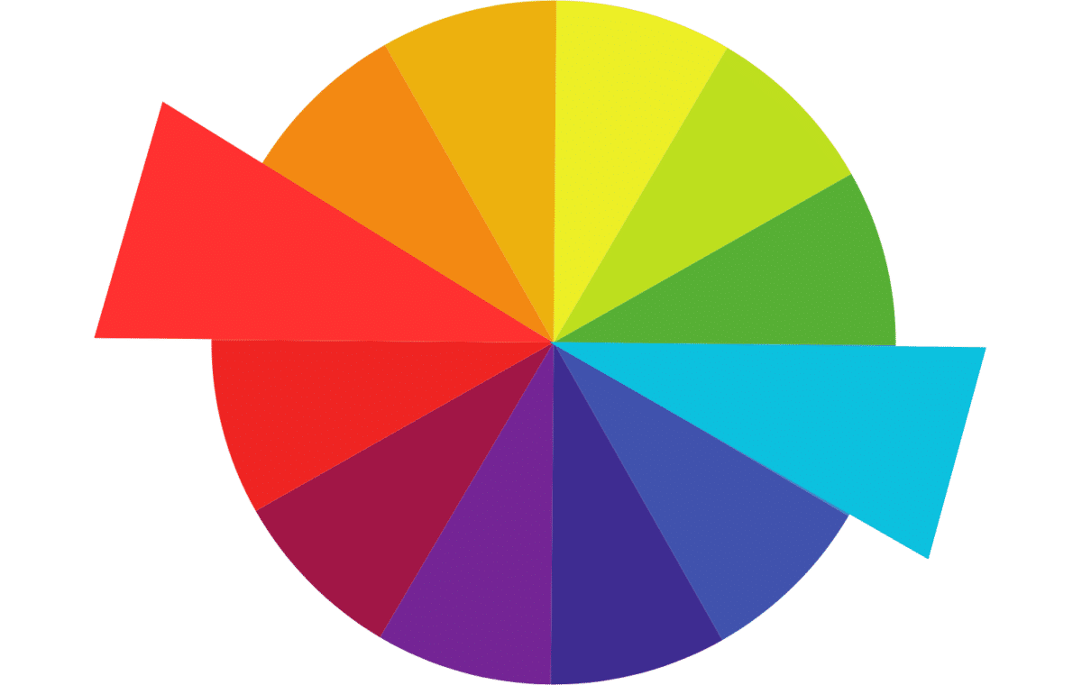 Color wheel with a bright red color and a light blue highlighted on opposite sides of the wheel.