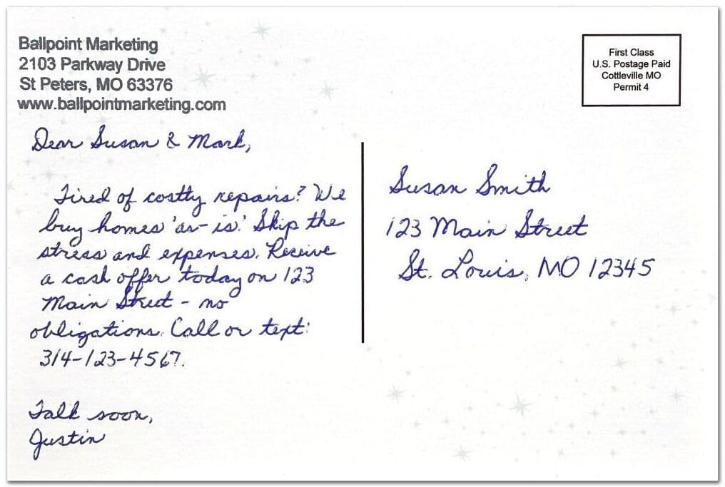 A sample handwritten postcard with a message to the client and the client's address.