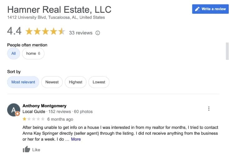 Screenshot of Hamner Real Estate LLC Google reviews