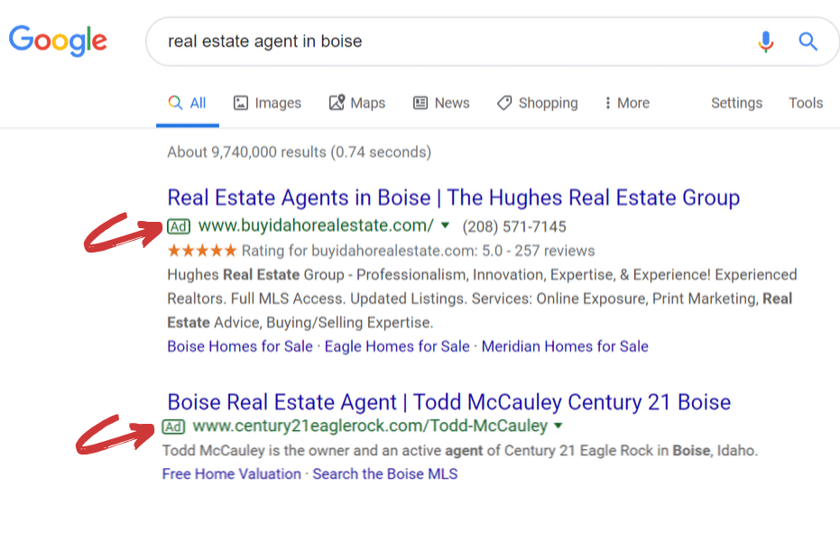 Screenshot of Google paid advertising example