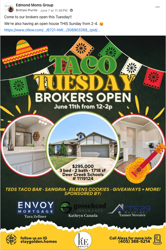 Example of open house flyer on social media