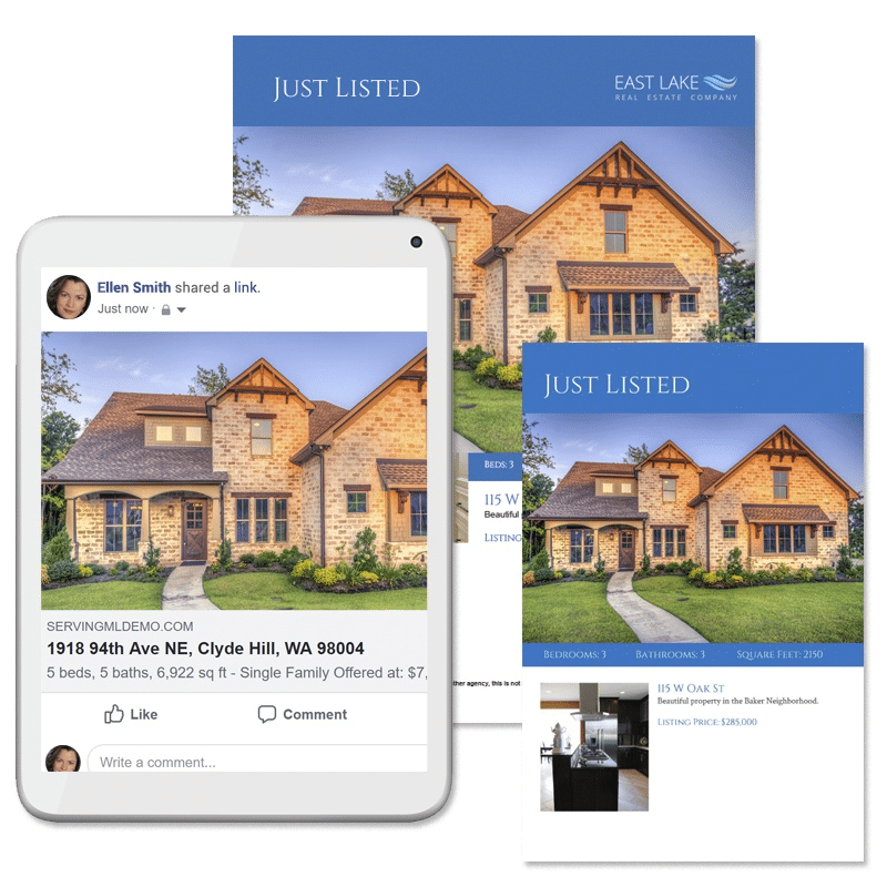 "Just listed" marketing materials for a property through online and direct mail.