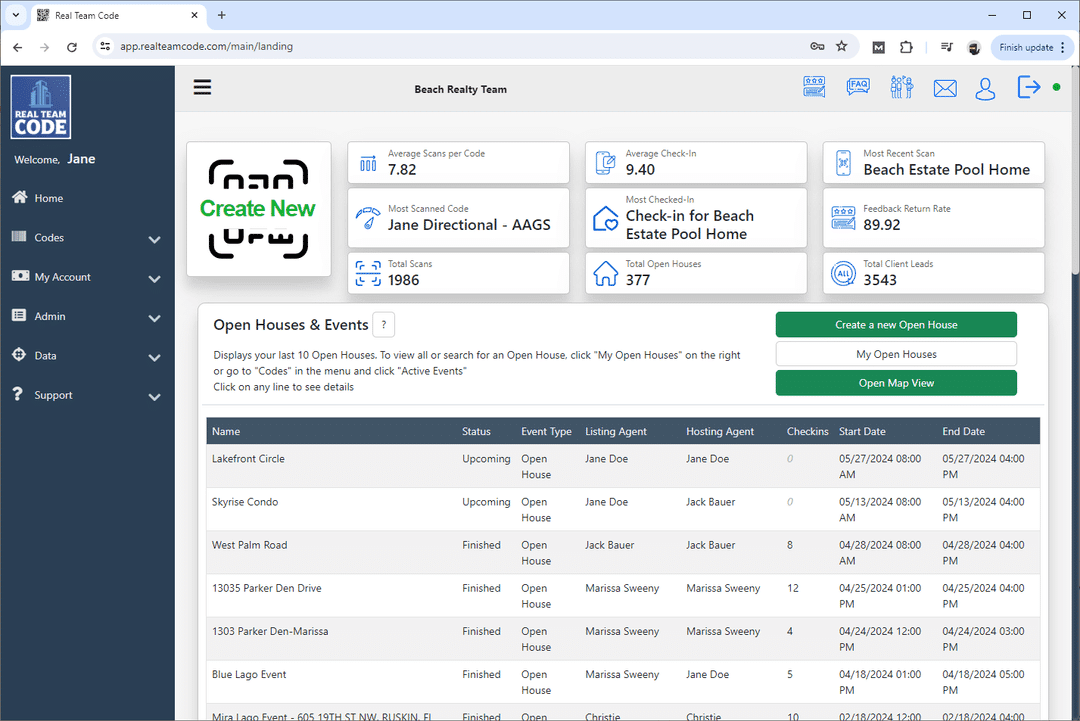 detailed agent dashboard with lead contact information and property details.