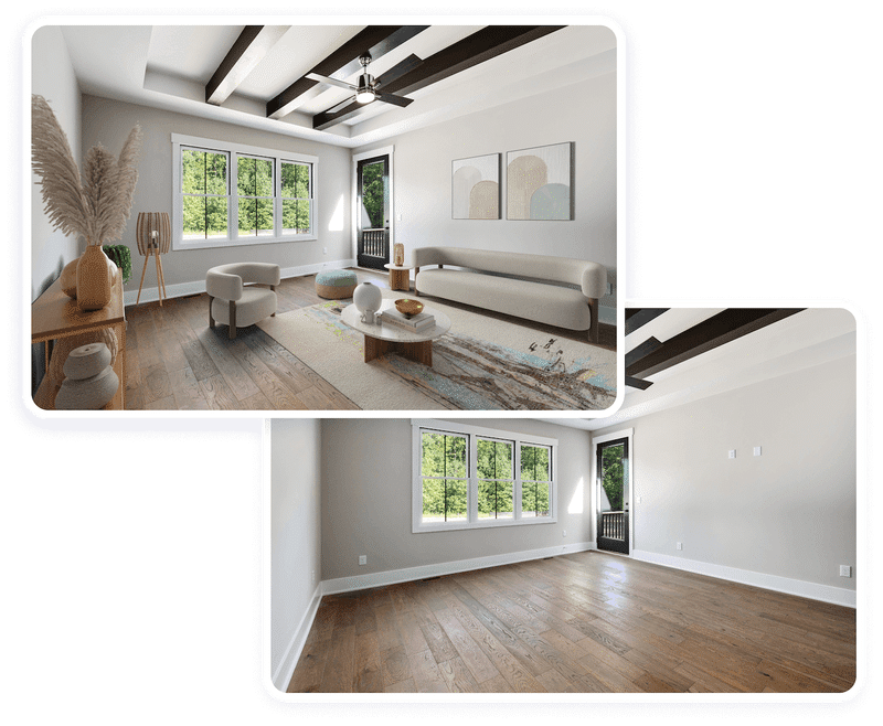 Virtual staging photos showing the empty room vs the staged room.