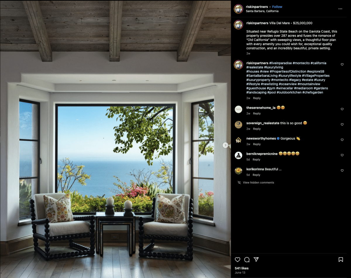 A social media post of a window and two chairs overlooking the ocean of a real estate listing showing how an agent used hashtags.