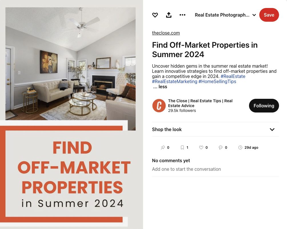 Screenshot of a Pinterest post with the title "Find Off-market Properties in Summer 2024" from The Close.