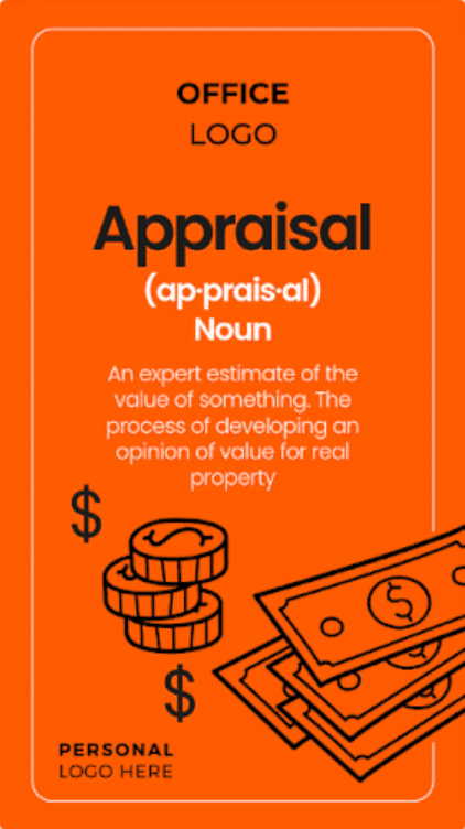 Definition of the real estate term "appraisal" on an orange background template