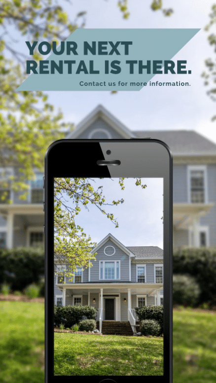 A mobile phone with house on the screen, and "your next rental is there" above the image