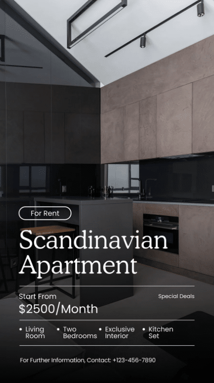 A modern kitchen in the background with the text "for rent Scandinavian apartment" and other property details displayed