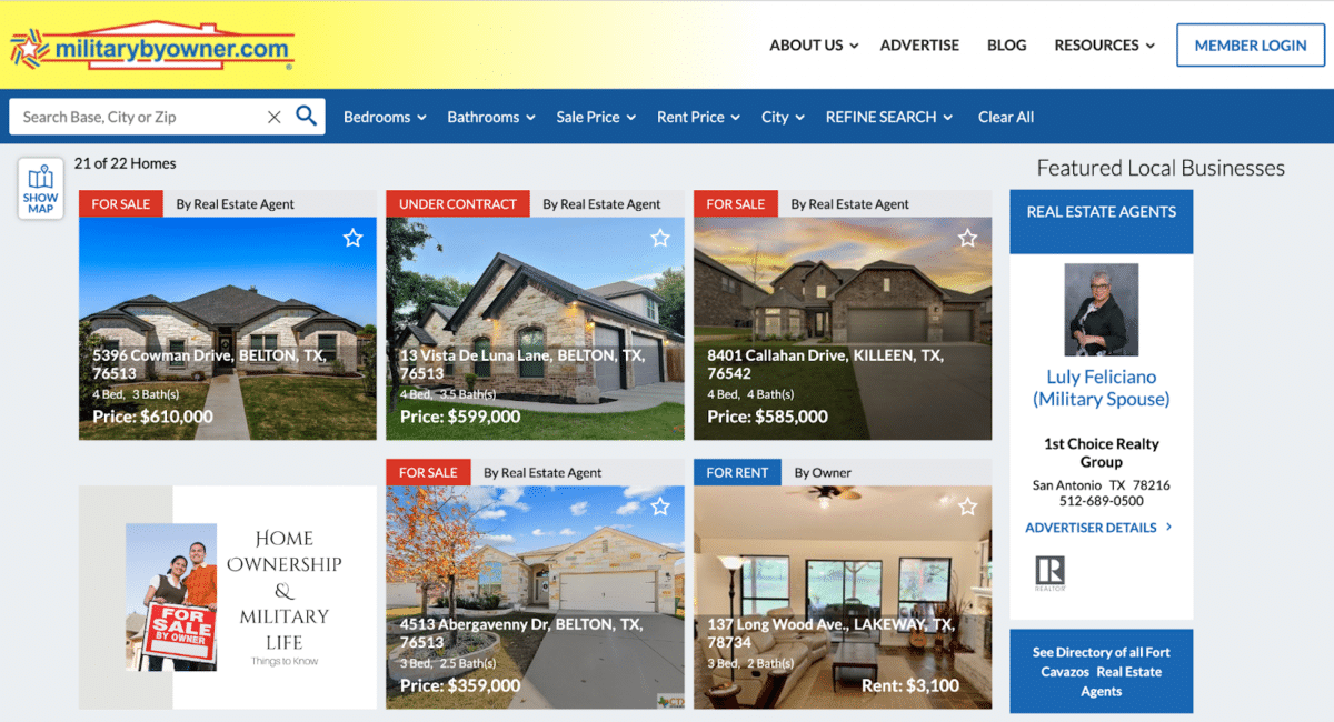 Screenshot of the property listings of military sellers