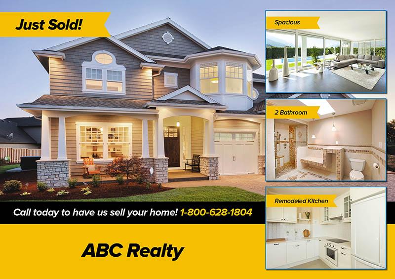 A black and yellow just-sold postcard with property's exterior and interior photos