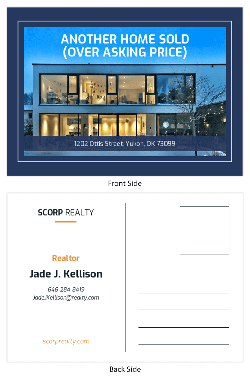 Front and back side of a just sold postcard with "another home sold over asking price" text