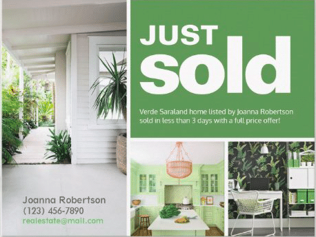 Green-themed postcard with large "just sold" text