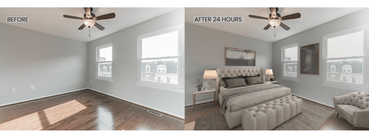 Before and after photos of a bedroom using the glam design option.