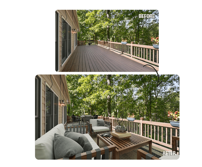 Before and after of an exterior deck with and without patio furniture