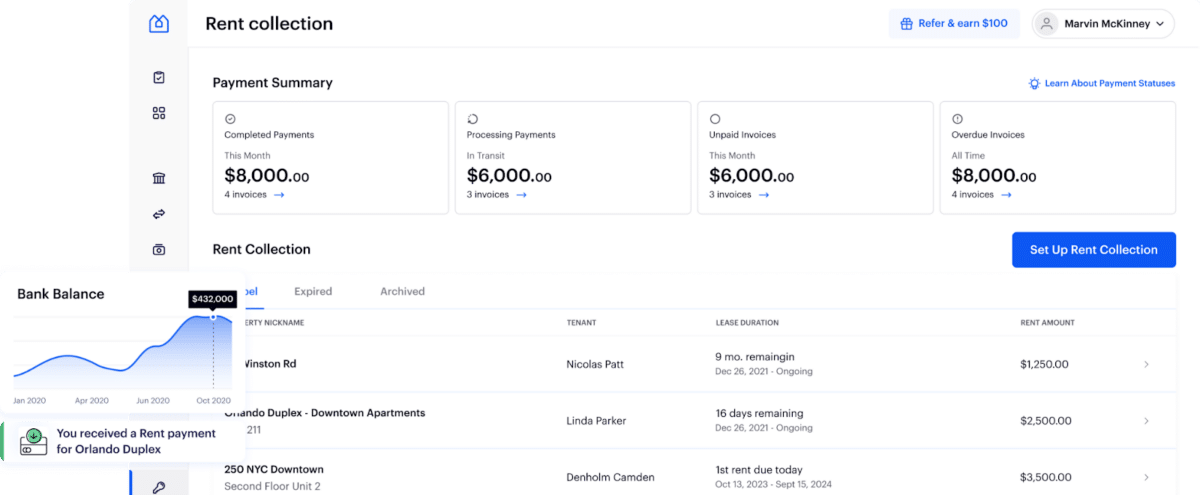 Baselane rent collection feature dashboard