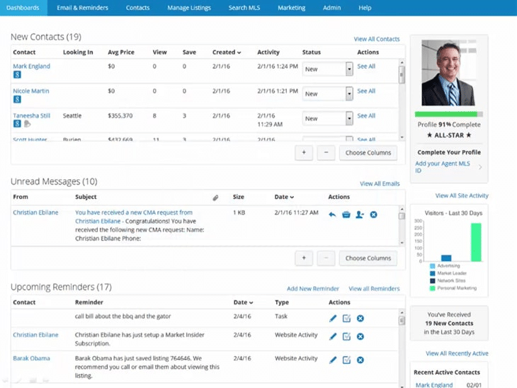 Screenshot of Market Leader Suite Agents CRM dashboard