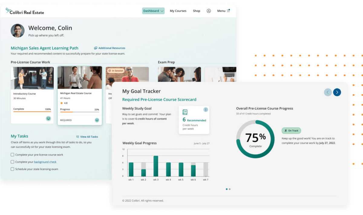 Screenshot of Colibri Real Estate online school dashboard with an inset of the goal tracker from the website.