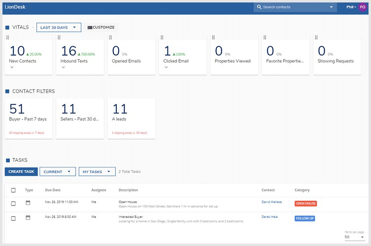 A screenshot of the LionDesk CRM interface