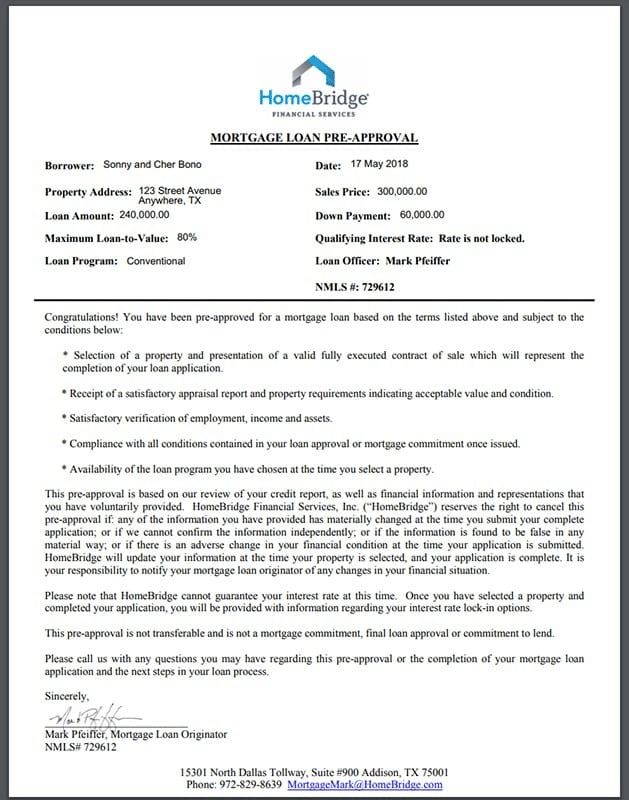 A buyer's mortgage loan pre-approval letter with the details of the loan.