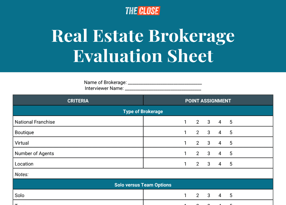 Real Estate Broker evaluation sheet