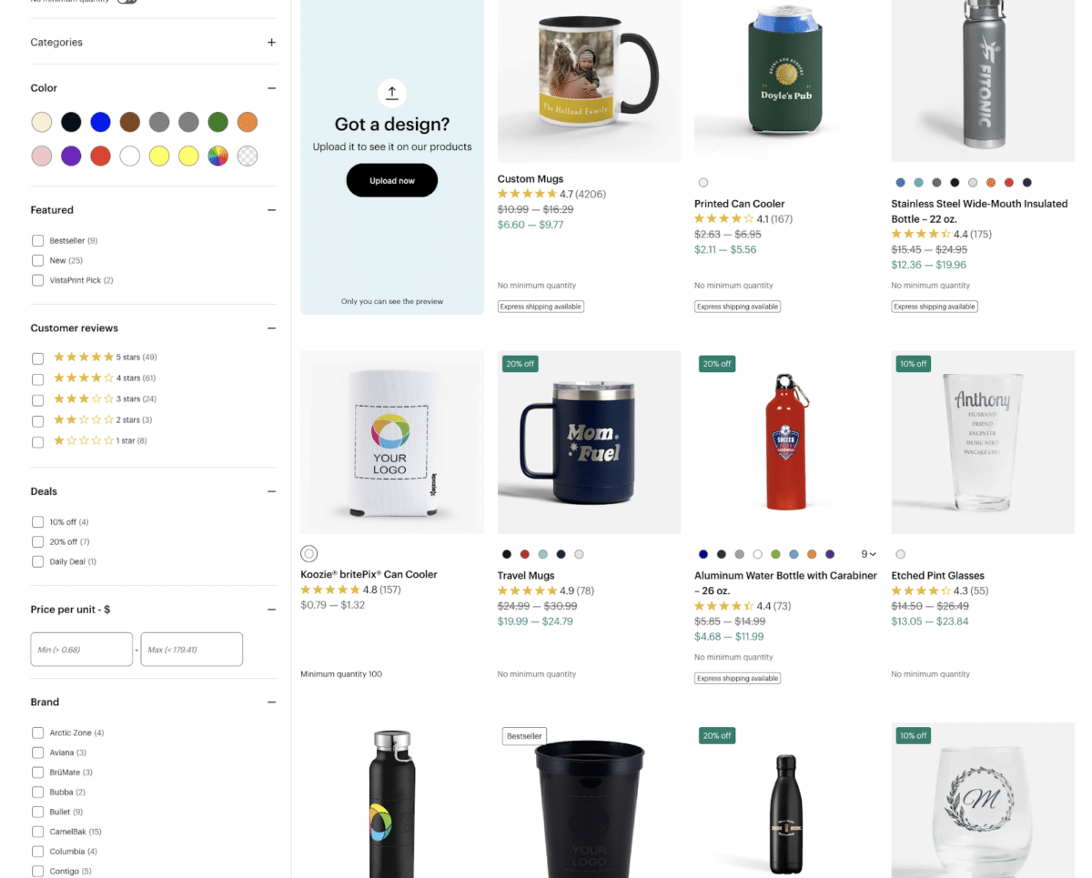 Screenshot of Vistaprint custom promotional drinkware