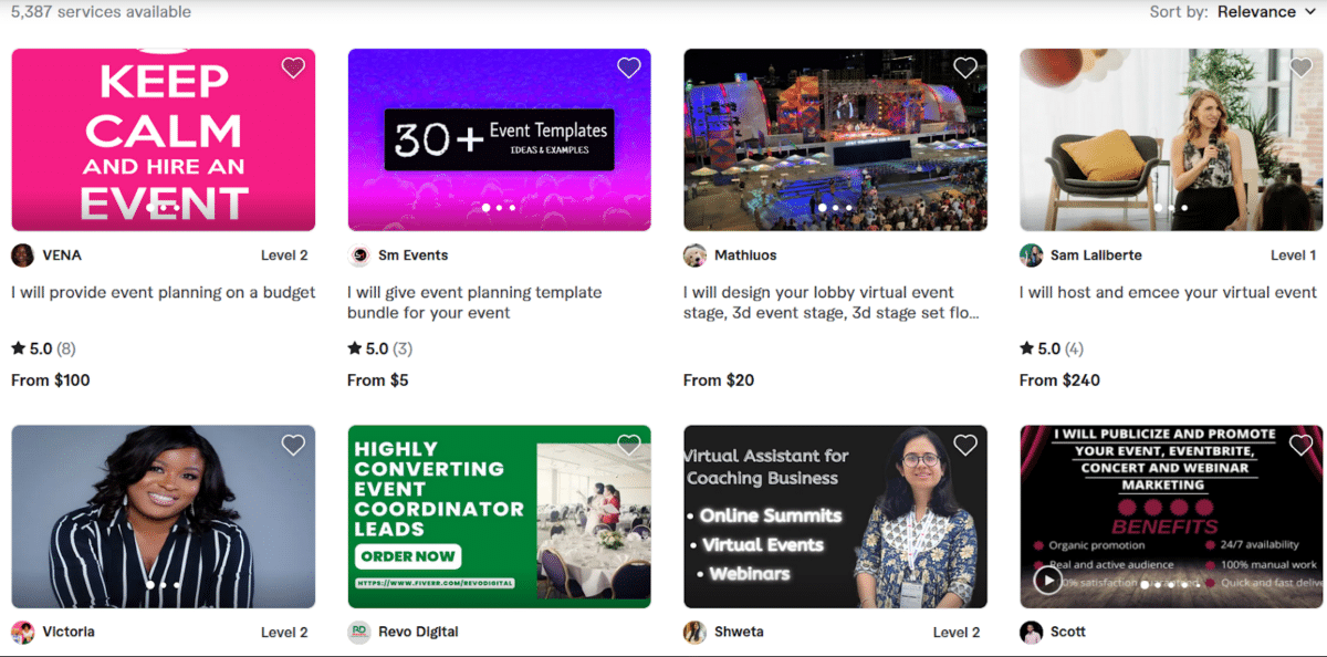 Screenshot of Fiverr event planners directory