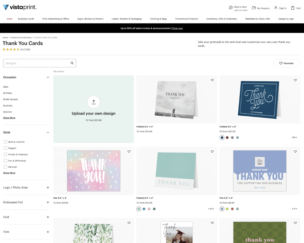 Screenshot of custom thank-you cards from VistaPrint