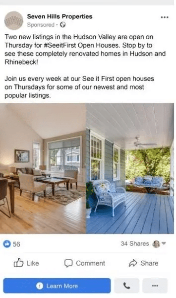 Real estate facebook ad containing two side by side images of the front porch and living room