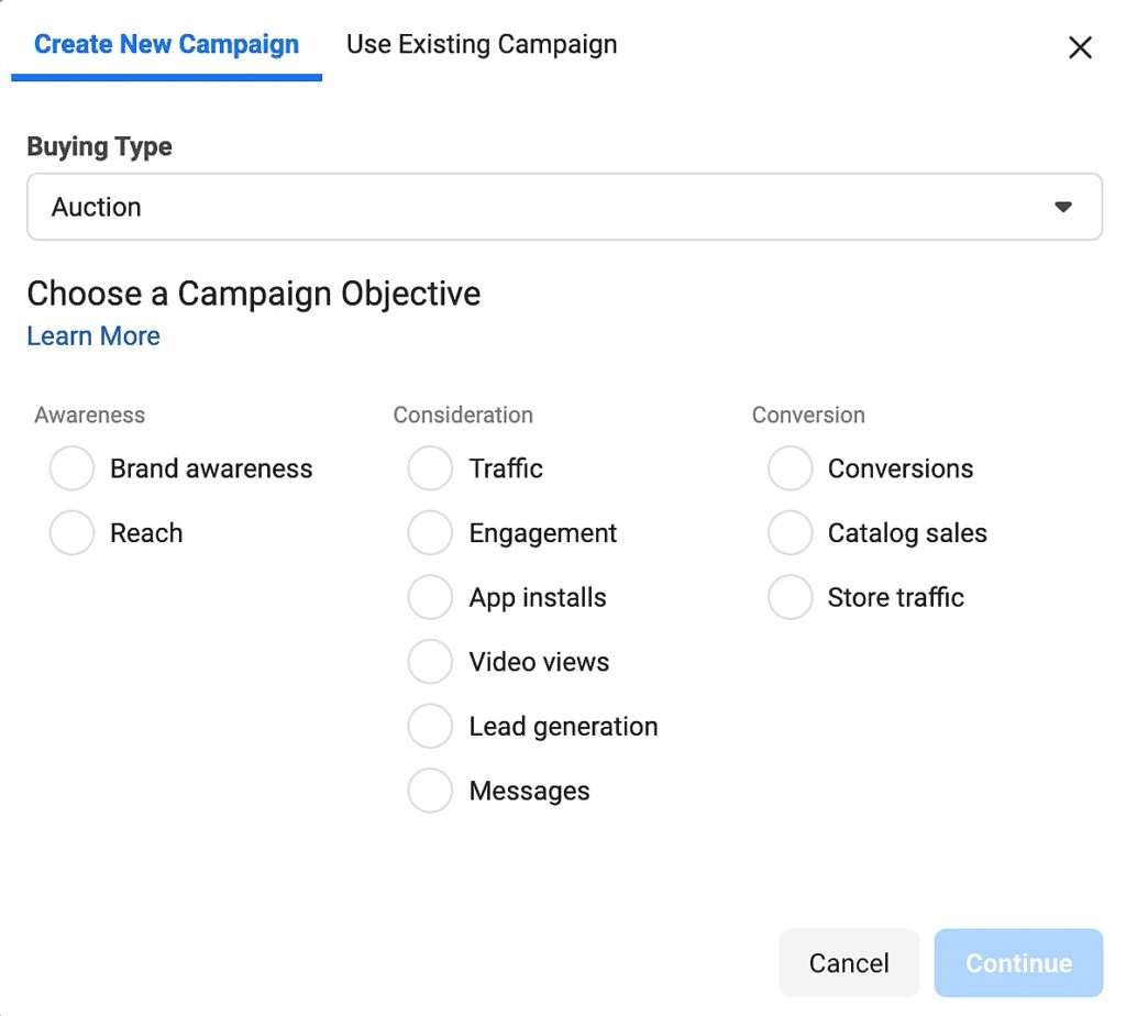 Screenshot of Facebook ads campaign objective selection
