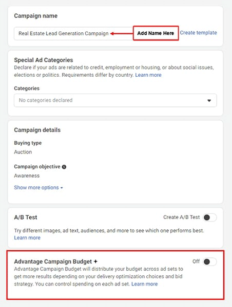 Screenshot of Facebook ad form for campaign creation