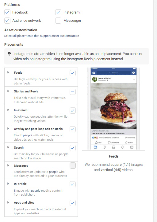 Screenshot of form for selection of Facebook ad location