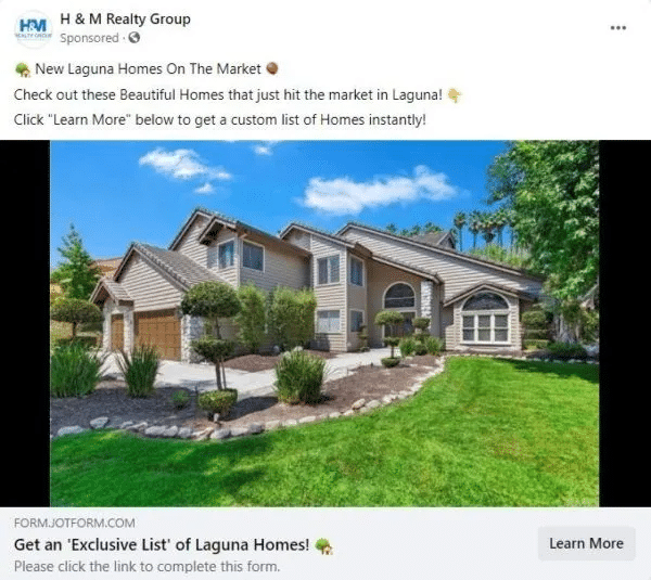 Facebook ad with brown home and green grass in front of clear blue sky