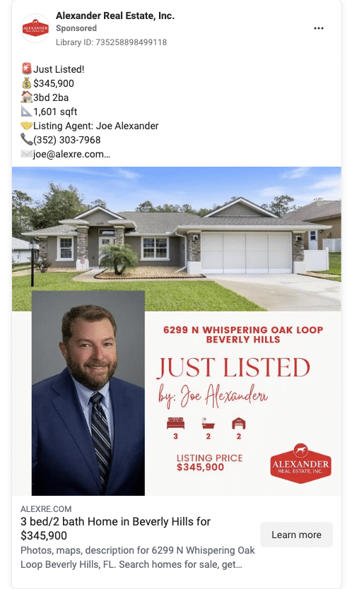 Facebook ad with image of home and agent headshot with listing information