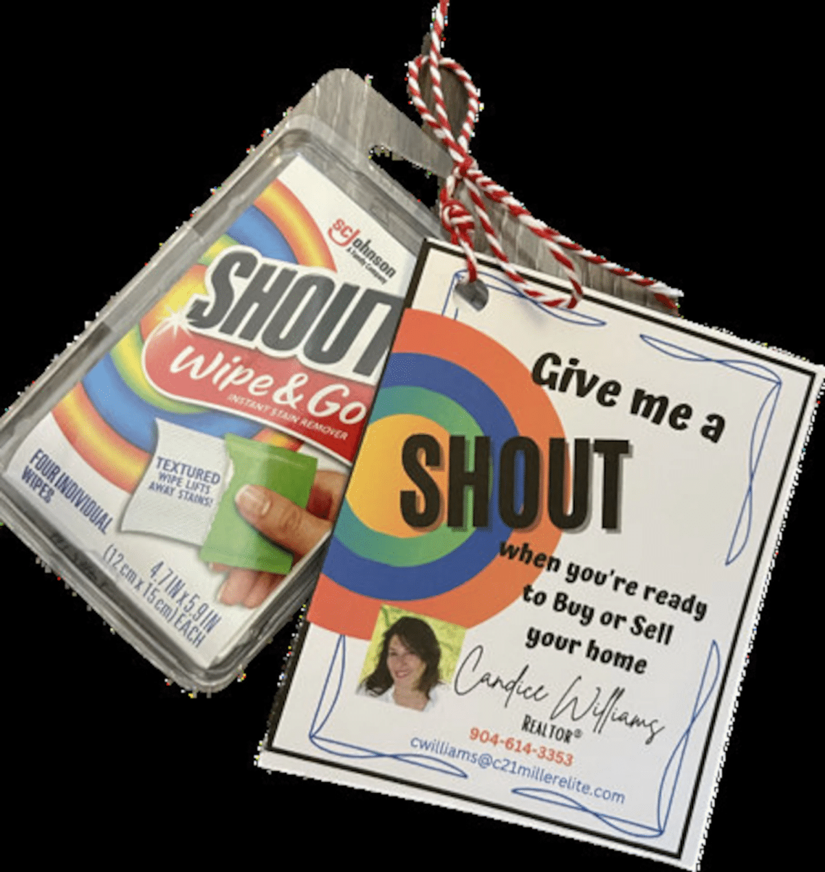 Package of Shout wipes with a real estate client note attached including agent contact information.