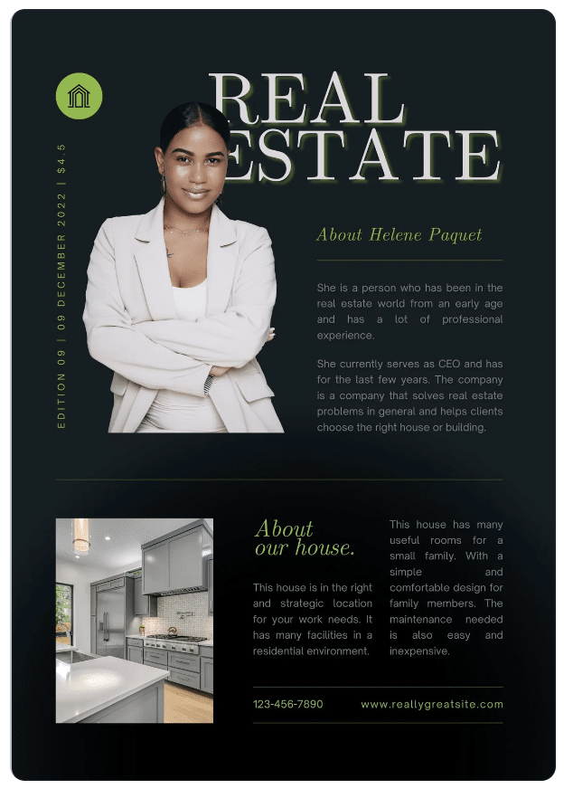 A black-colored newsletter with the agent's portrait and property listing's features