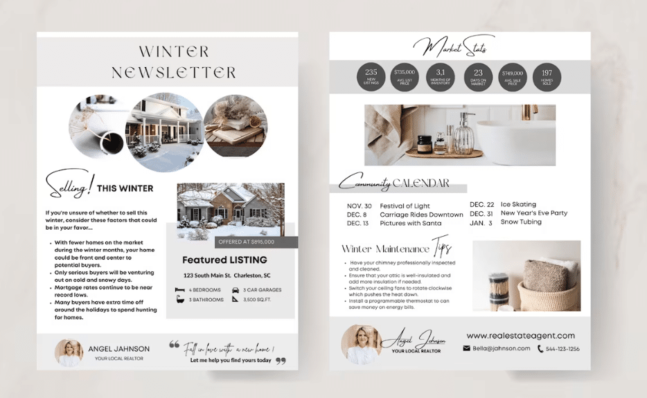 A two-page white and grey real estate newsletter