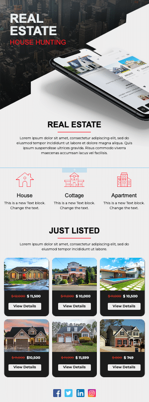 An email newsletter template featuring property listings