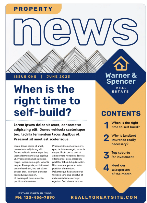 A dark blue and yellow-themed newsletter template focused on property news