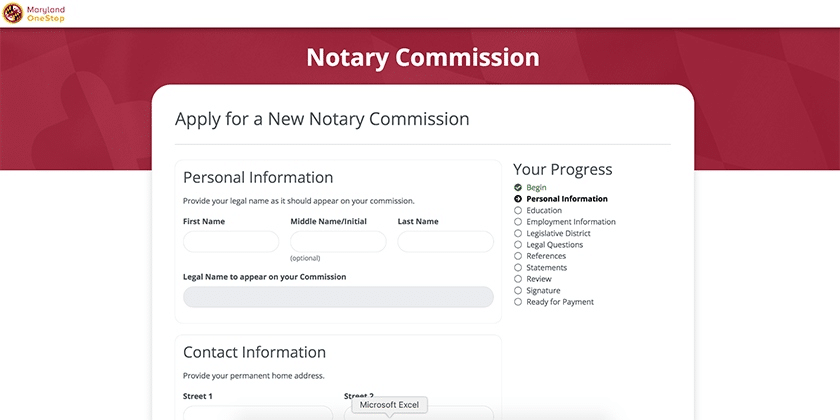 Screenshot of Maryland’s online notary application